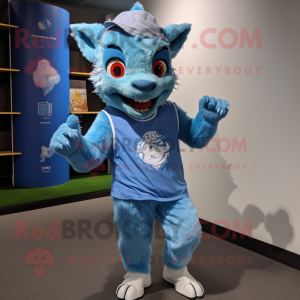 Sky Blue Chupacabra mascot costume character dressed with a Running Shorts and Caps