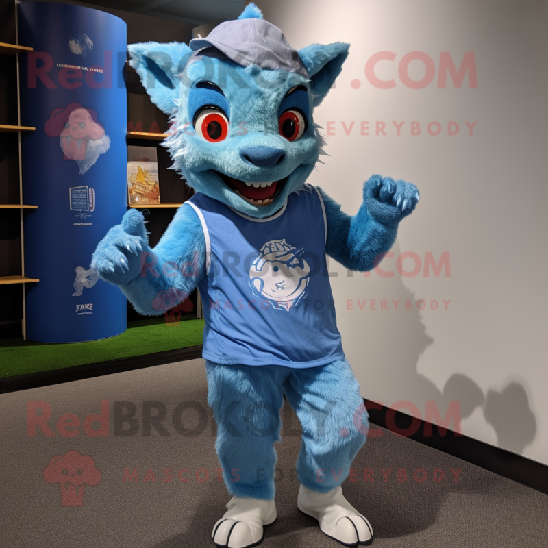 Sky Blue Chupacabra mascot costume character dressed with a Running Shorts and Caps Sky Blue Chupacabra mascot costume character dressed with a Running Shorts and Caps