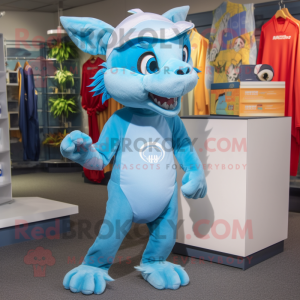 Sky Blue Chupacabra mascot costume character dressed with a Running Shorts and Caps