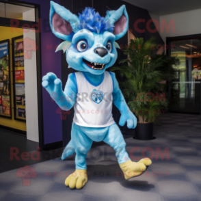 Sky Blue Chupacabra mascot costume character dressed with a Running Shorts and Caps