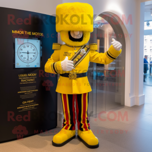 Yellow British Royal Guard mascot costume character dressed with a Bermuda Shorts and Digital watches