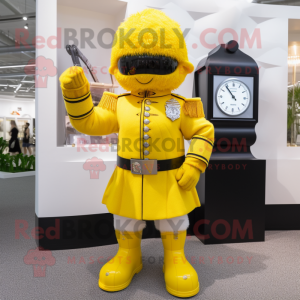 Yellow British Royal Guard mascot costume character dressed with a Bermuda Shorts and Digital watches