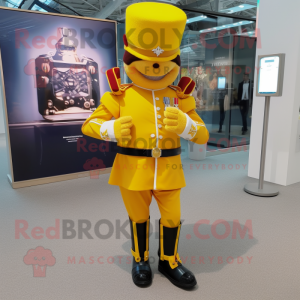 Yellow British Royal Guard mascot costume character dressed with a Bermuda Shorts and Digital watches