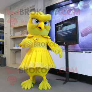 Lemon Yellow Eagle mascot costume character dressed with a Dress and Watches