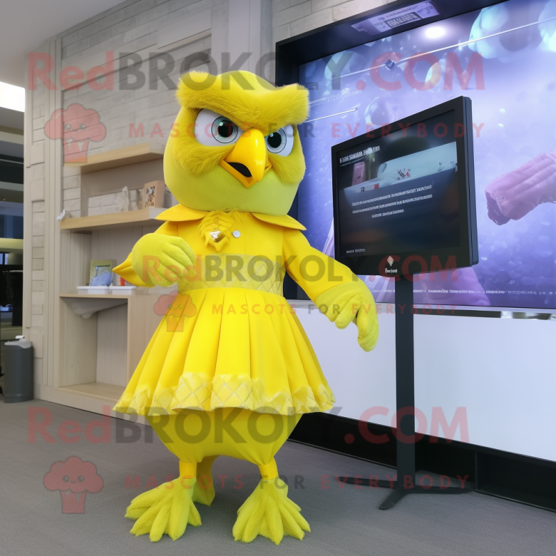 Lemon Yellow Eagle mascot costume character dressed with a Dress and Watches Lemon Yellow Eagle mascot costume character dressed with a Dress and Watches