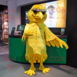 Lemon Yellow Eagle mascot costume character dressed with a Dress and Watches