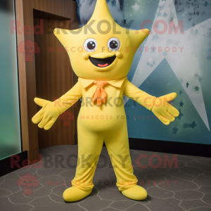 Lemon Yellow Starfish mascot costume character dressed with a Jumpsuit and Tie pins