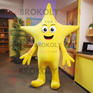 Lemon Yellow Starfish mascot costume character dressed with a Jumpsuit and Tie pins
