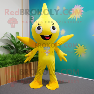 Lemon Yellow Starfish mascot costume character dressed with a Jumpsuit and Tie pins