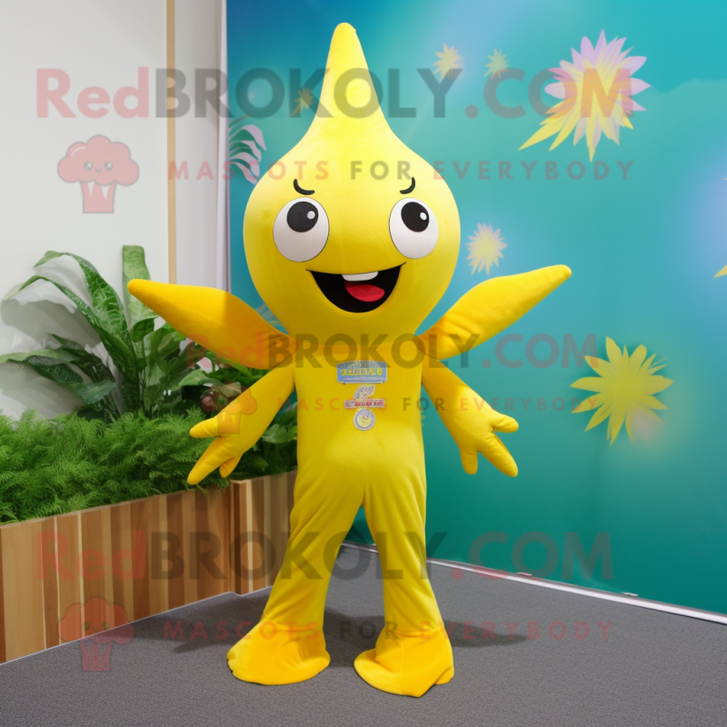 Lemon Yellow Starfish mascot costume character dressed with a Jumpsuit and Tie pins