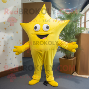 Lemon Yellow Starfish mascot costume character dressed with a Jumpsuit and Tie pins