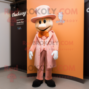 Peach Goulash mascot costume character dressed with a Waistcoat and Hat pins