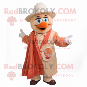 Peach Goulash mascot costume character dressed with a Waistcoat and Hat pins