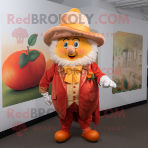 Peach Goulash mascot costume character dressed with a Waistcoat and Hat pins