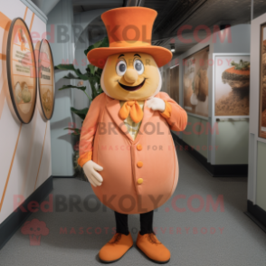 Peach Goulash mascot costume character dressed with a Waistcoat and Hat pins