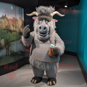 Gray Yak mascot costume character dressed with a Henley Tee and Coin purses