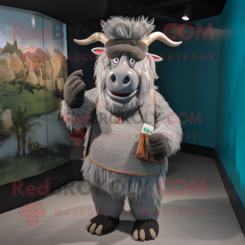 Gray Yak mascot costume character dressed with a Henley Tee and Coin purses Gray Yak mascot costume character dressed with a Henley Tee and Coin purses