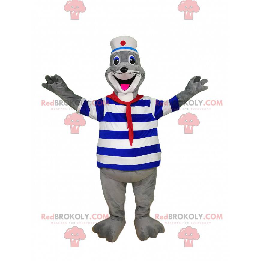 Entusiasta mascote da foca em traje de marinheiro. -