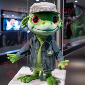 Green Geckos mascot costume character dressed with a Jeans and Beanies