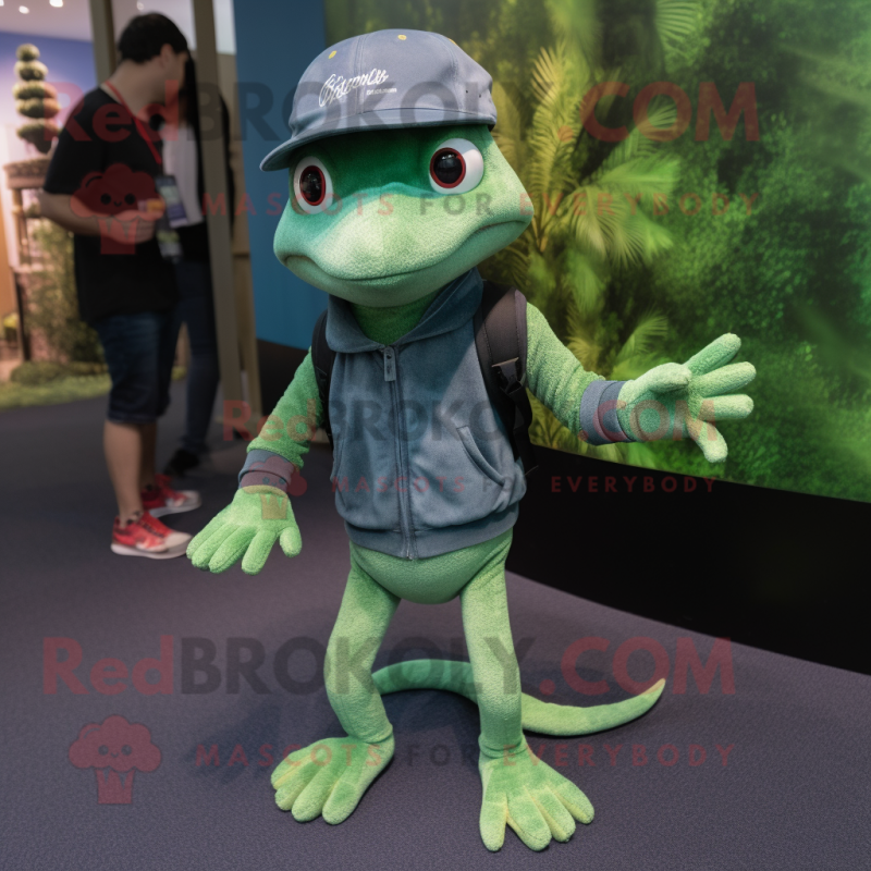 Green Geckos mascot costume character dressed with a Jeans and Beanies