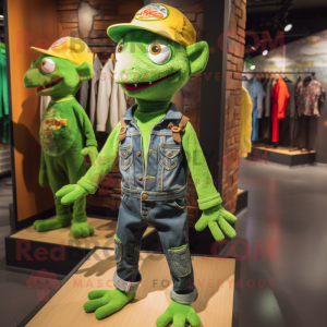 Green Geckos mascot costume character dressed with a Jeans and Beanies