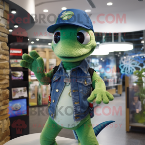 Green Geckos mascot costume character dressed with a Jeans and Beanies