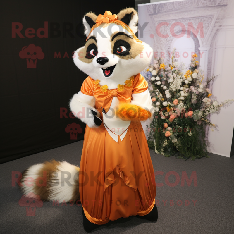Orange Raccoon mascot costume character dressed with a Wedding Dress and Scarf clips Orange Raccoon mascot costume character dressed with a Wedding Dress and Scarf clips