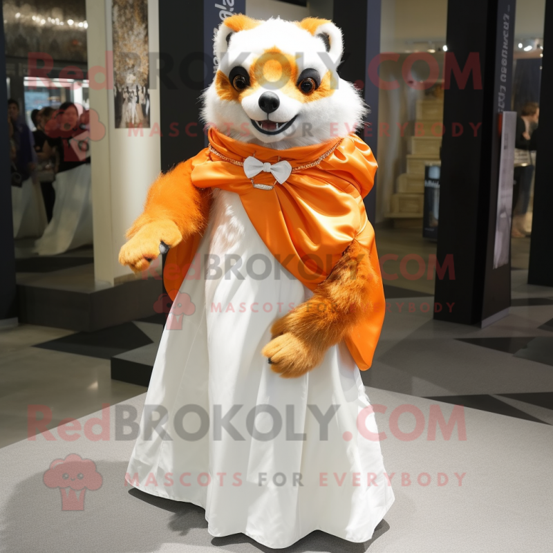 Orange Raccoon mascot costume character dressed with a Wedding Dress and Scarf clips Orange Raccoon mascot costume character dressed with a Wedding Dress and Scarf clips