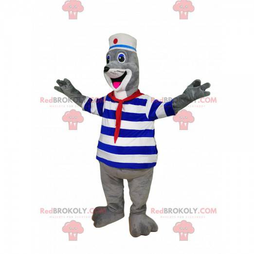 Entusiasta mascote da foca em traje de marinheiro. -