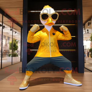 Gold Geese mascot costume character dressed with a Yoga Pants and Sunglasses