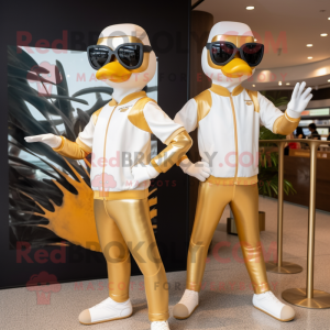 Gold Geese mascot costume character dressed with a Yoga Pants and Sunglasses