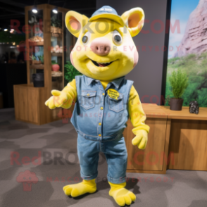 Lemon Yellow Sow mascot costume character dressed with a Denim Shirt and Wraps