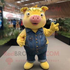 Lemon Yellow Sow mascot costume character dressed with a Denim Shirt and Wraps