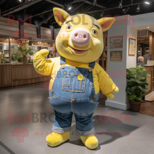 Lemon Yellow Sow mascot costume character dressed with a Denim Shirt and Wraps