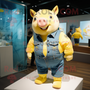 Lemon Yellow Sow mascot costume character dressed with a Denim Shirt and Wraps