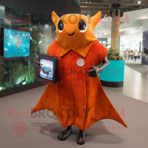 Rust Manta Ray mascot costume character dressed with a Shift Dress and Smartwatches