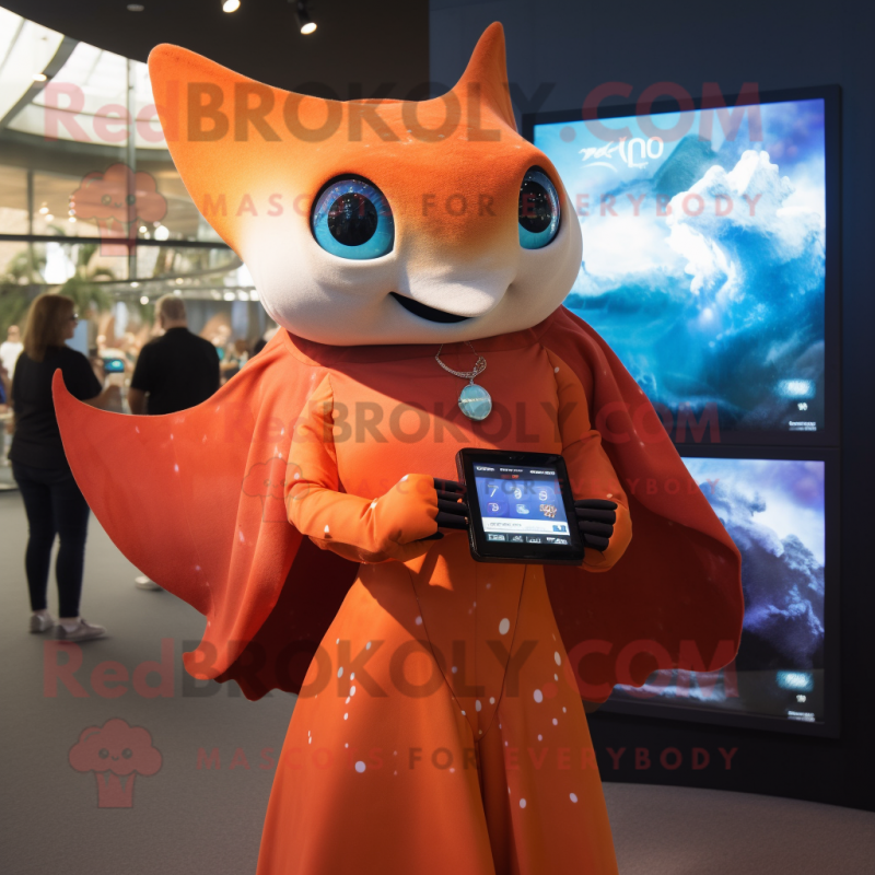Rust Manta Ray mascot costume character dressed with a Shift Dress and Smartwatches Rust Manta Ray mascot costume character dressed with a Shift Dress and Smartwatches