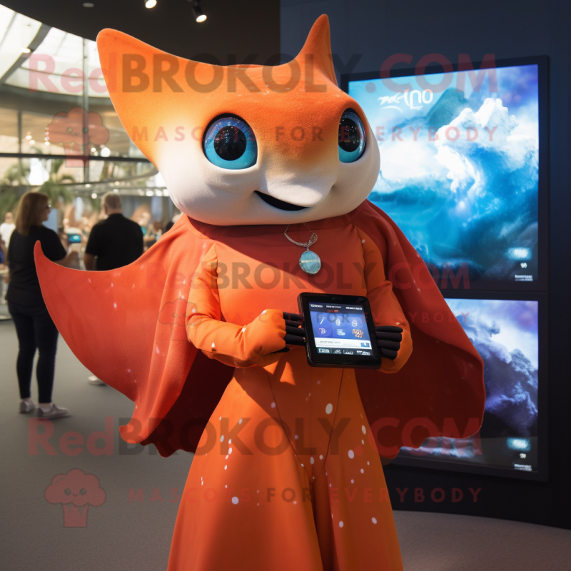 Rust Manta Ray mascot costume character dressed with a Shift Dress and Smartwatches