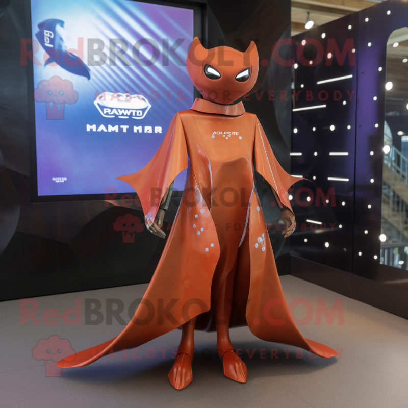 Rust Manta Ray mascot costume character dressed with a Shift Dress and Smartwatches Rust Manta Ray mascot costume character dressed with a Shift Dress and Smartwatches