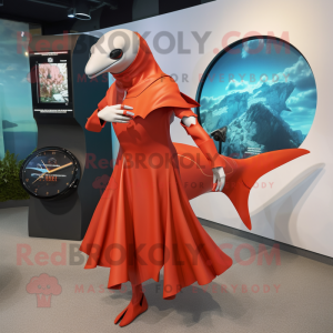 Rust Manta Ray mascot costume character dressed with a Shift Dress and Smartwatches