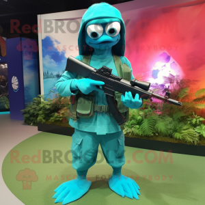Turquoise Sniper mascot costume character dressed with a Wrap Dress and Shoe clips