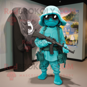 Turquoise Sniper mascot costume character dressed with a Wrap Dress and Shoe clips