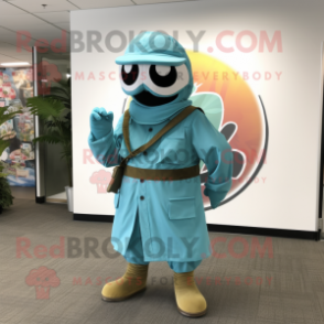 Turquoise Sniper mascot costume character dressed with a Wrap Dress and Shoe clips