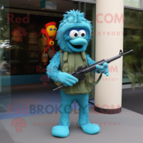 Turquoise Sniper mascot costume character dressed with a Wrap Dress and Shoe clips