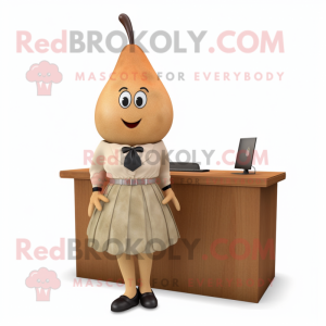 Tan Pear mascot costume character dressed with a Pencil Skirt and Tie pins