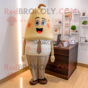 Tan Pear mascot costume character dressed with a Pencil Skirt and Tie pins