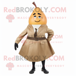 Tan Pear mascot costume character dressed with a Pencil Skirt and Tie pins