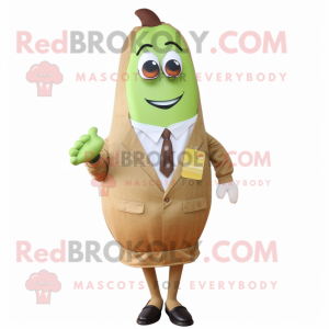 Tan Pear mascot costume character dressed with a Pencil Skirt and Tie pins