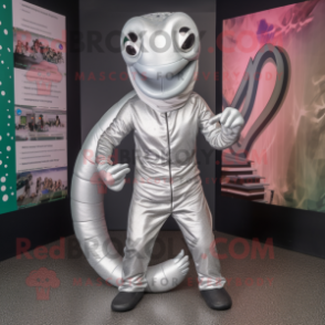 Silver Snake mascot costume character dressed with a Leggings and Beanies