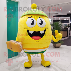 Lemon Yellow Burgers mascot costume character dressed with a Shorts and Clutch bags